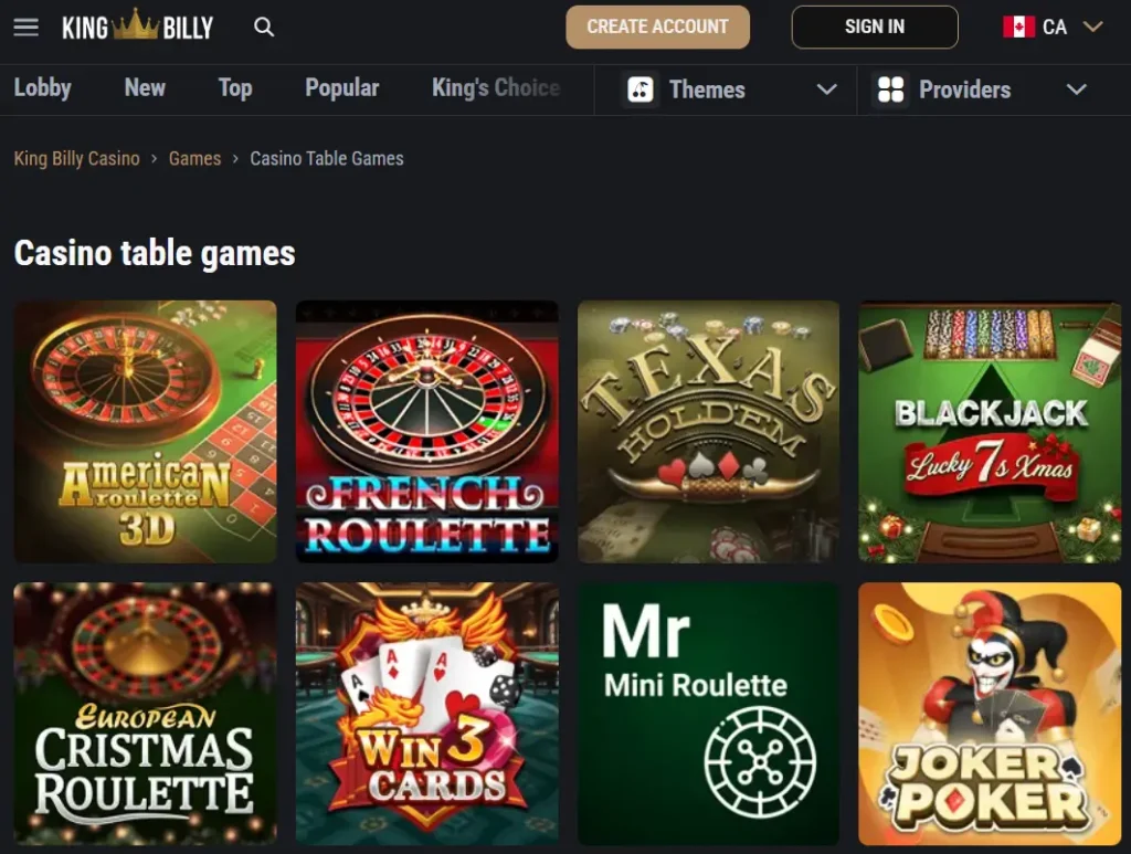 King Billy Casino table games lobby showing classic titles including American Roulette 3D, French Roulette, Texas Hold’em, Blackjack Lucky 7’s Xmas, European Christmas Roulette, Win 3 Cards, Mr Mini Roulette and Joker Poker, displayed in a grid layout for Canadian players.