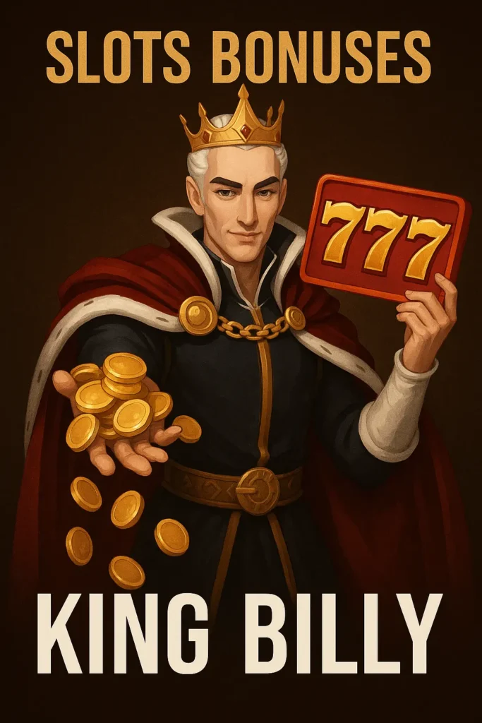 King Billy Casino slots bonuses banner featuring the King Billy character holding a 777 slot symbol and pouring gold coins from his hand, promoting slot rewards and bonuses.