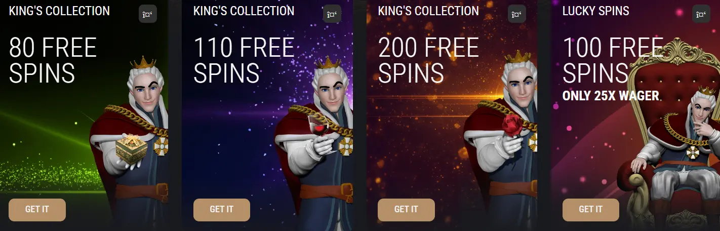 King Billy Casino Canada free spins collection showing multiple offers: 80 free spins, 110 free spins, 200 free spins, and 100 free spins with 25x wager, each featuring the King Billy character on colorful themed backgrounds