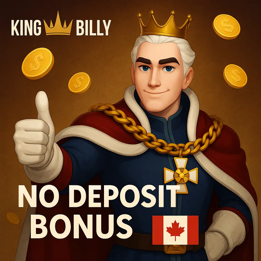 King Billy Casino Canada no deposit bonus banner featuring the King Billy character giving a thumbs up with gold coins floating around and a Canadian flag.
