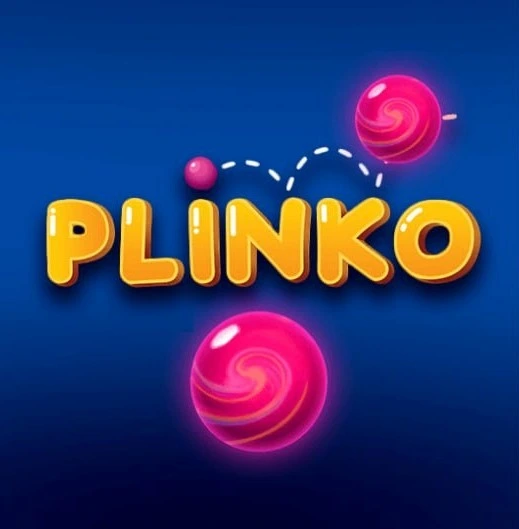 Plinko game logo with bouncing pink balls on a blue background, representing the popular online Plinko casino game.