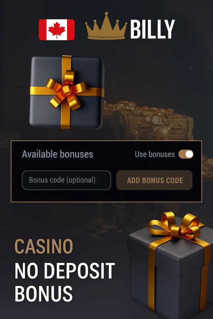 King Billy Casino Canada no deposit bonus banner featuring Canadian flag, gold crown logo, black gift boxes with golden ribbons and a bonus code section promoting available casino bonuses.