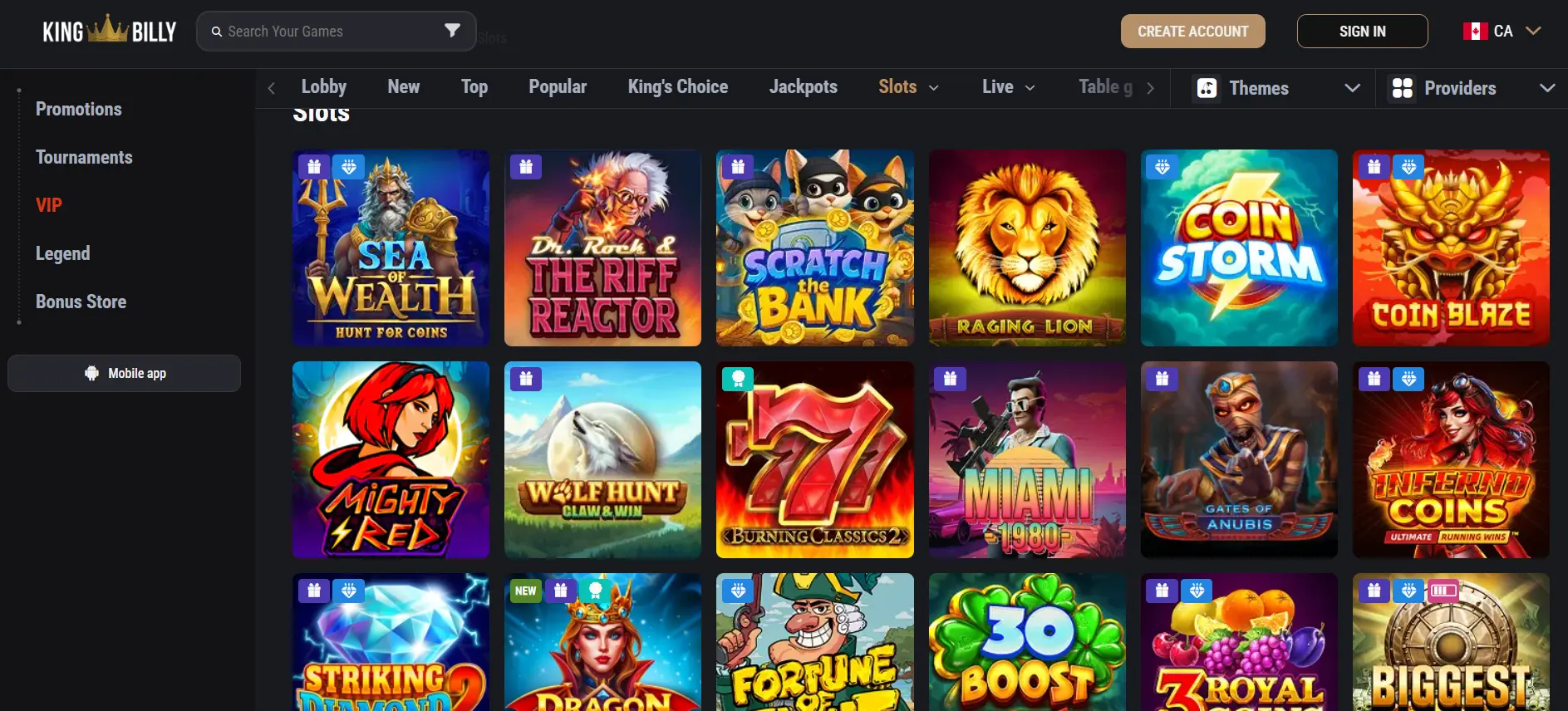 King Billy Casino slots page showing a grid of online slot games including Sea of Wealth, The Riff Reactor, Scratch the Bank, Raging Lion, Coin Storm, Coin Blaze, Mighty Red, Wolf Hunt, Burning Classics 2, Miami 1980, Gates of Anubis, Inferno Coins, Striking Diamond, Dragon Queen, Fortune of Mine, 30 Boost and Royal Fruits, with navigation menu and Canadian settings.