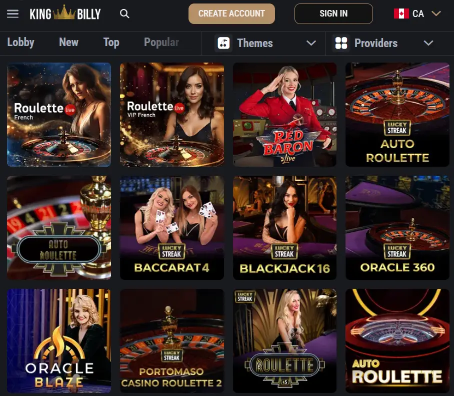 King Billy Casino live dealer lobby showing French Roulette, VIP French Roulette, Red Baron Live, Auto Roulette, Baccarat tables, Blackjack 16, Oracle 360, Oracle Blaze, Portomaso Casino Roulette and other live games with real dealers for Canadian players.