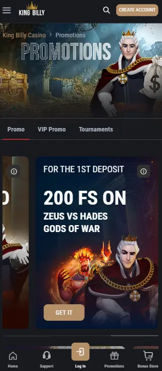 King Billy Casino mobile promotions page showing the 1st deposit offer of 200 free spins on Zeus vs Hades Gods of War with the King Billy character and themed fiery background.