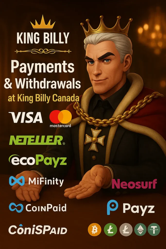 King Billy Casino Canada payments and withdrawals banner showing the King Billy character with supported banking methods including Visa, Mastercard, Neteller, ecoPayz, MiFinity, Neosurf, Payz, CoinPaid and multiple cryptocurrencies