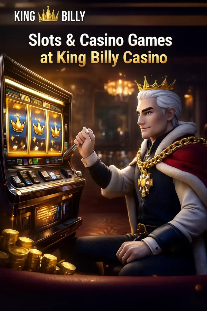 King Billy Casino banner showing the King Billy character playing a golden slot machine with crown symbols, surrounded by gold coins, promoting slots and casino games