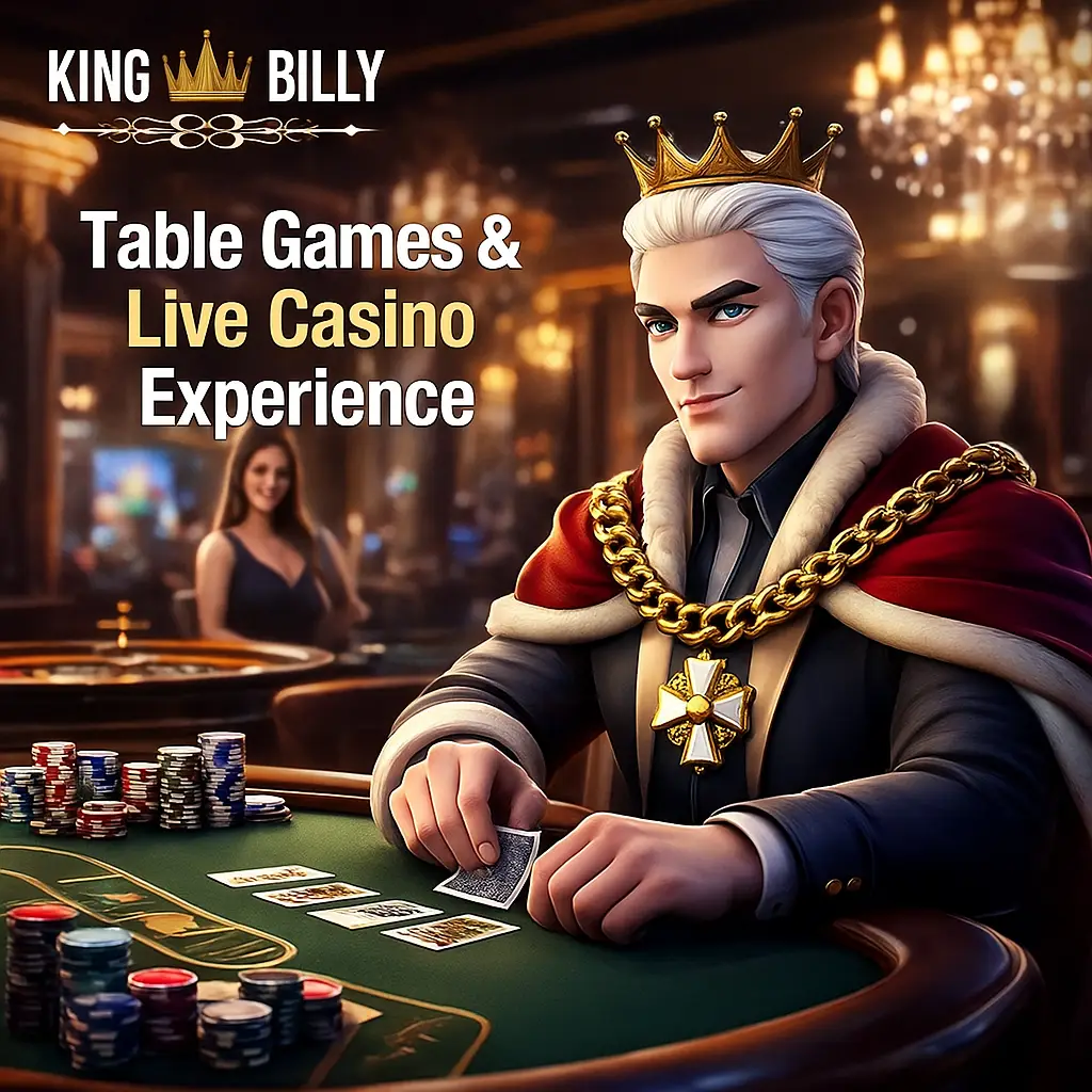 King Billy Casino banner showing the King Billy character playing cards at a casino table with chips and roulette in the background, promoting table games and live casino experience