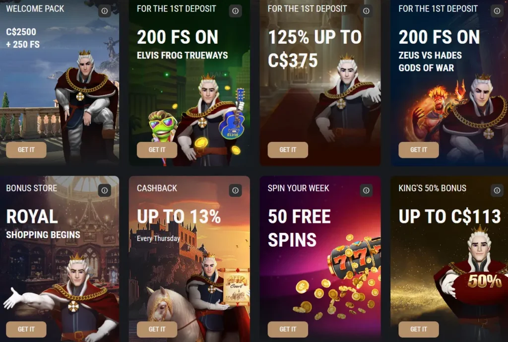 King Billy Casino Canada bonus catalog showing welcome pack C$2500 + 250 free spins, first-deposit free spins offers, cashback up to 13%, and weekly spins banners with King Billy character.