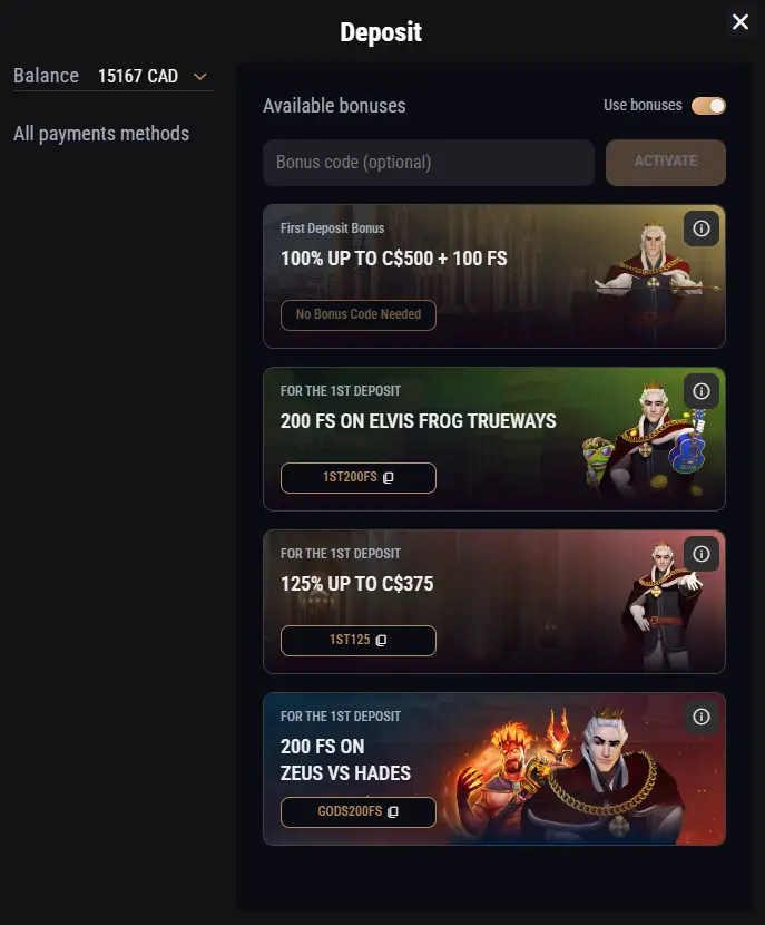 King Billy Casino Canada deposit page displaying available bonuses including 100% up to C$500 + 100 free spins, 200 free spins on Elvis Frog Trueways, 125% up to C$375, and Zeus vs Hades 200 FS