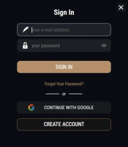 King Billy Casino Canada sign-in screen with email and password fields, Google login button and dark royal-styled interface.