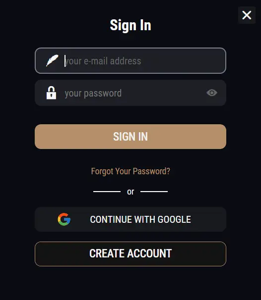 King Billy Casino Canada sign-in screen with email and password fields, Google login button and dark royal-styled interface.