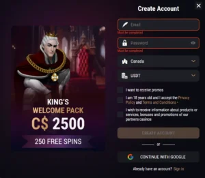 King Billy Casino Canada registration form with country selector, USDT payment option, and King Billy character promoting C$2500 welcome pack plus 250 free spins.