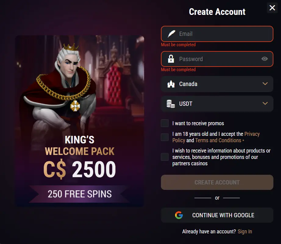 King Billy Casino Canada registration form with country selector, USDT payment option, and King Billy character promoting C$2500 welcome pack plus 250 free spins.