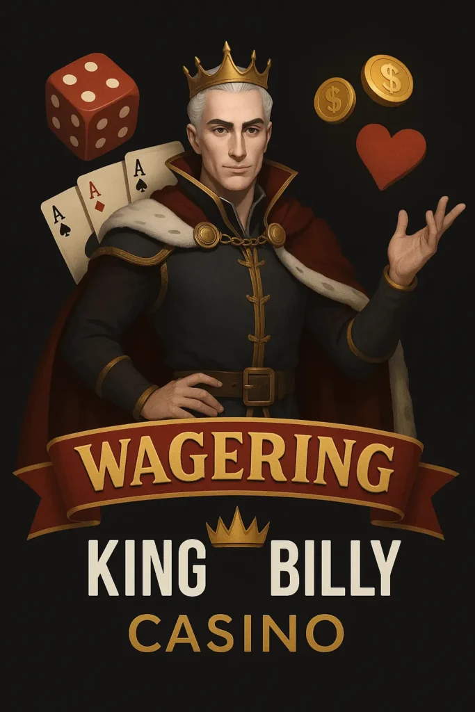 King Billy Casino wagering banner featuring the King Billy character with playing cards, dice, gold coins and a heart symbol, promoting wagering rules and casino gameplay